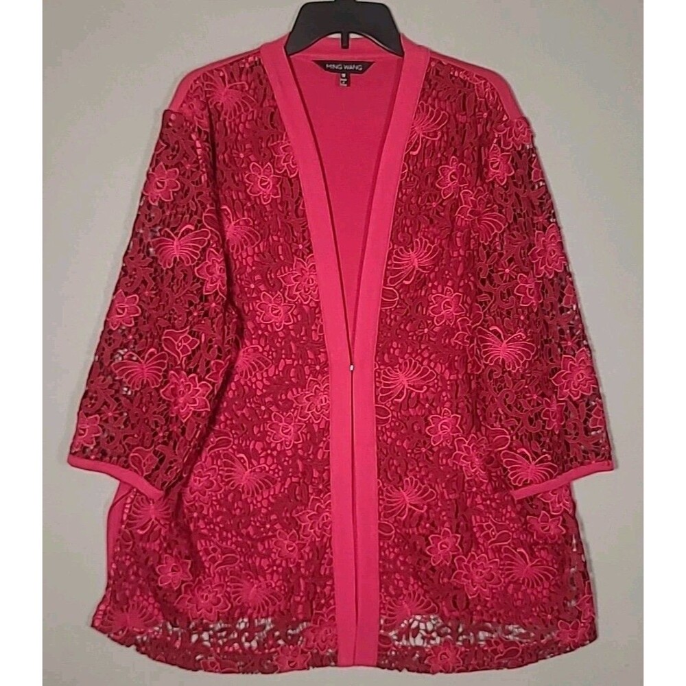 Ming Wang Blazer Womens 1X Pink Floral Embroidered Lace Front Cardigan Jacket